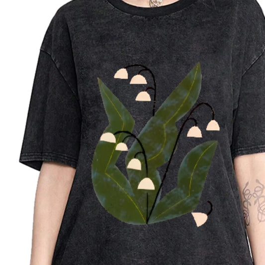 Lily Of Valley Tshirt Distressed Washed Cloth Delicate Floral Print Summer Casual Loose Short Sleeved Unique Comfortable Tops