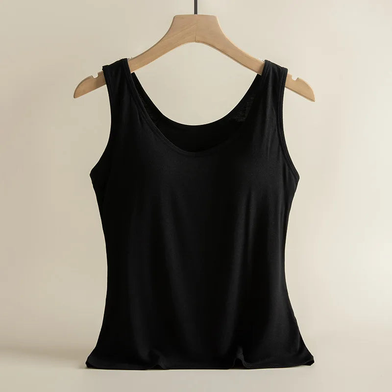 3pcs Solid Color Stretch KnitTank Top, Bottoming Vest T-shirt, Built-in Padded Cups- Regular Length, Round Neck, Casual Sportswe