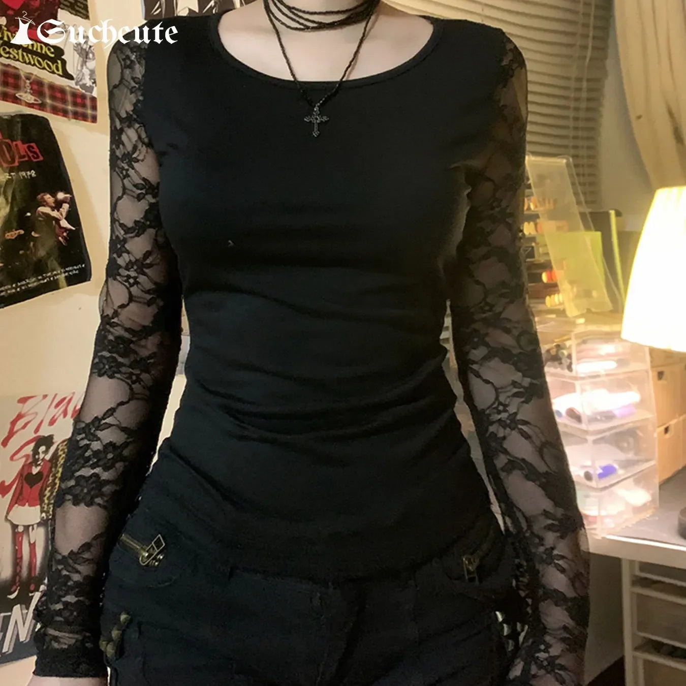 Black Gothic T-shirt For Women Sexy Club Lace Semi-see-through Long Sleeve Crop Tops Y2K Aesthetic 2000s Tee Autumn New