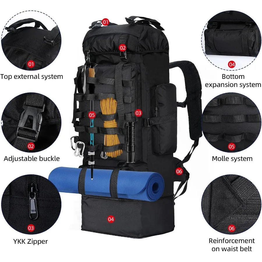 70L 100L Camping Hiking Backpack with Rain Cover Expandable Large Military Tactical Backpack Waterproof Molle Racksack Travel B