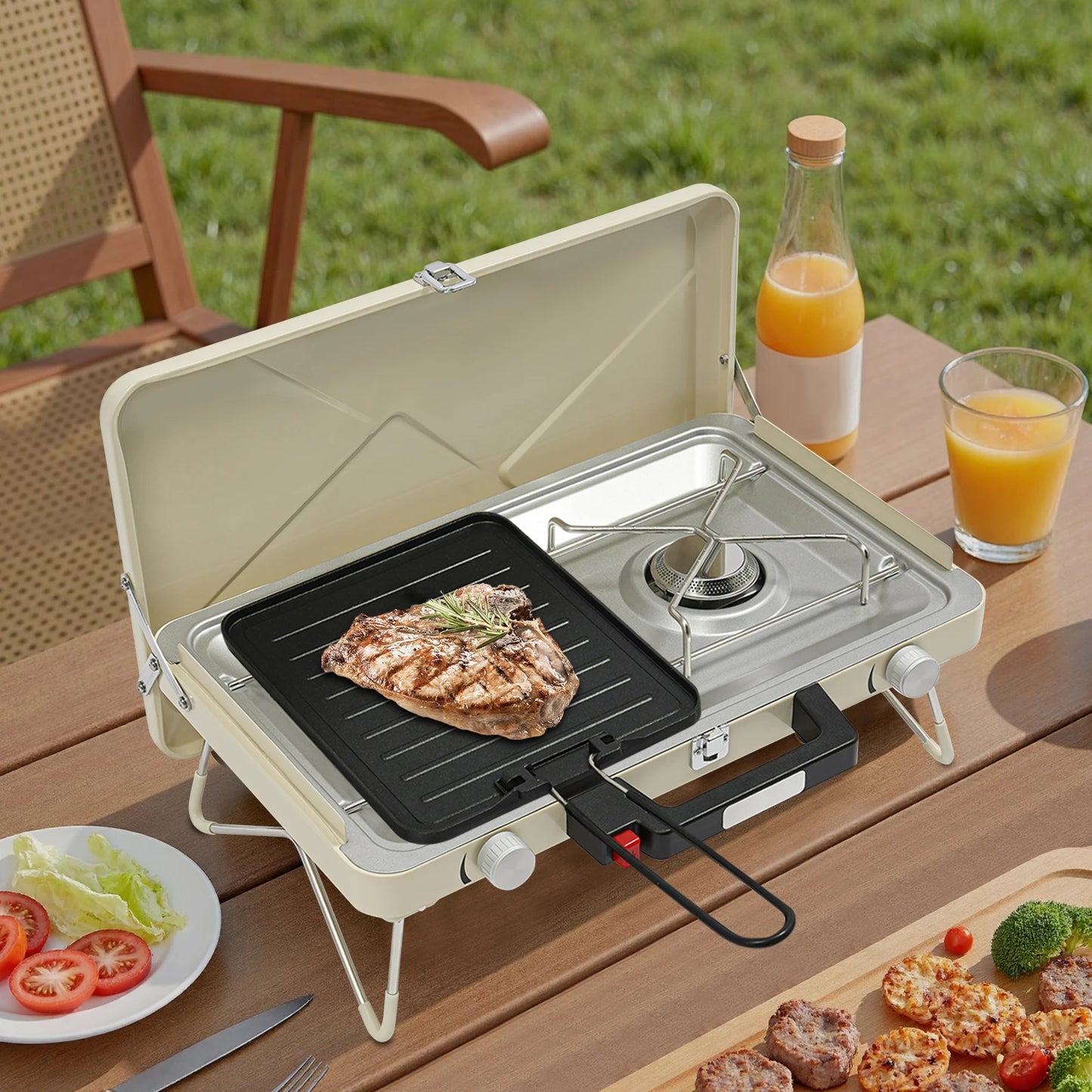 2-Burner Stainless Steel Camping Stove,Yellow/White Rectangular Portable Camping Stove Button+Knob for Outdoor Use