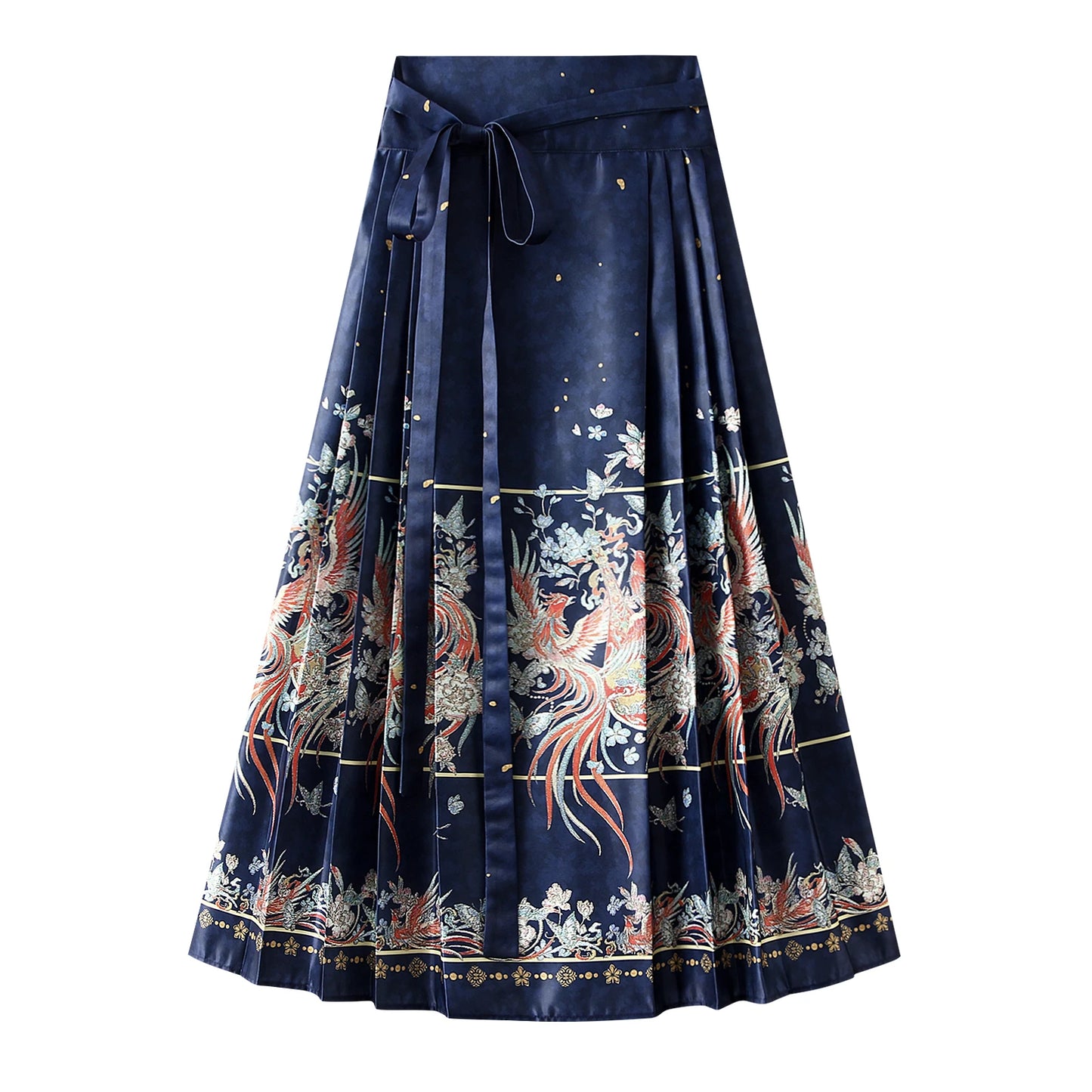 Women s Horse Face Skirt Elegant Phoenix Character Flower Print Pleated Tie Up A-Line Long Swing Skirt National Clothing