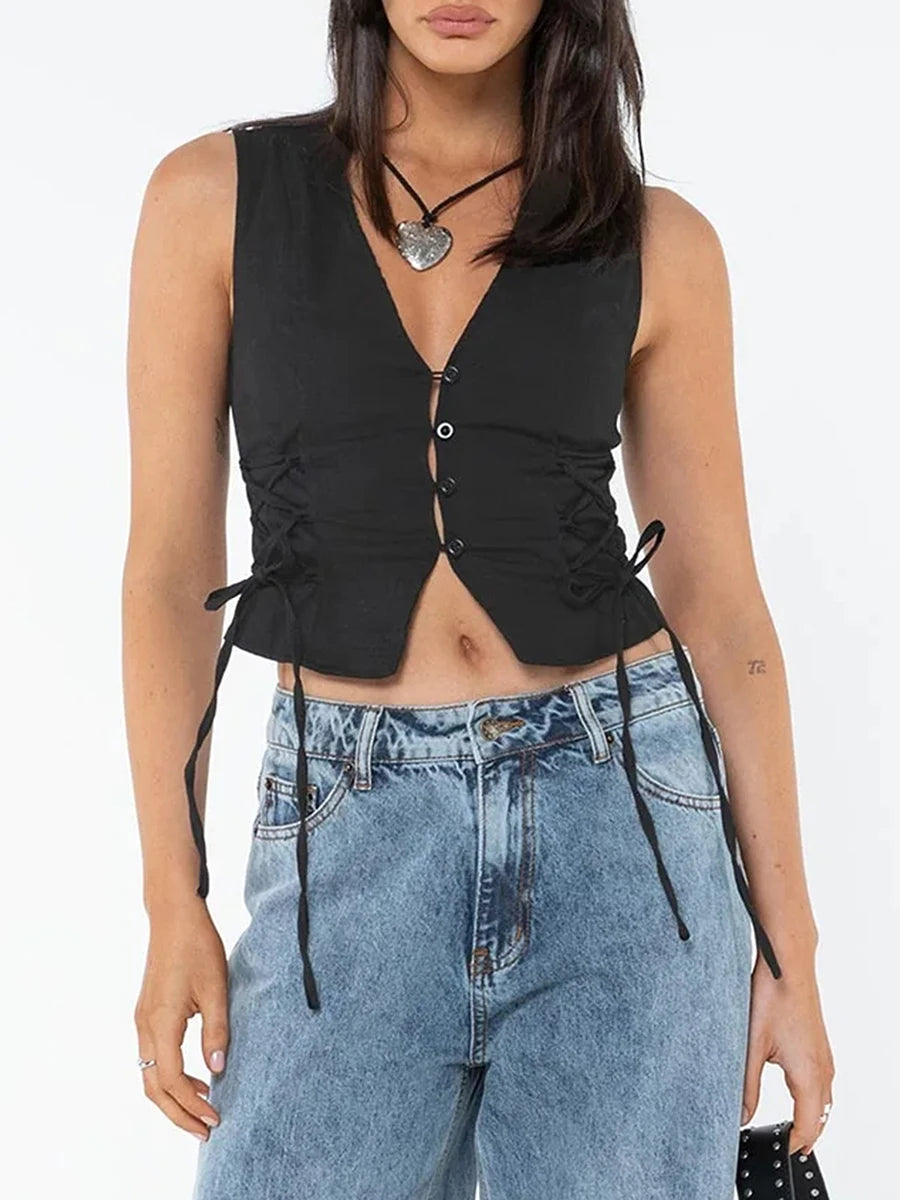 Women s Summer  Tank Tops Solid Color Front Button Vest Side Cross Tie-Up Waistcoat Streetwear