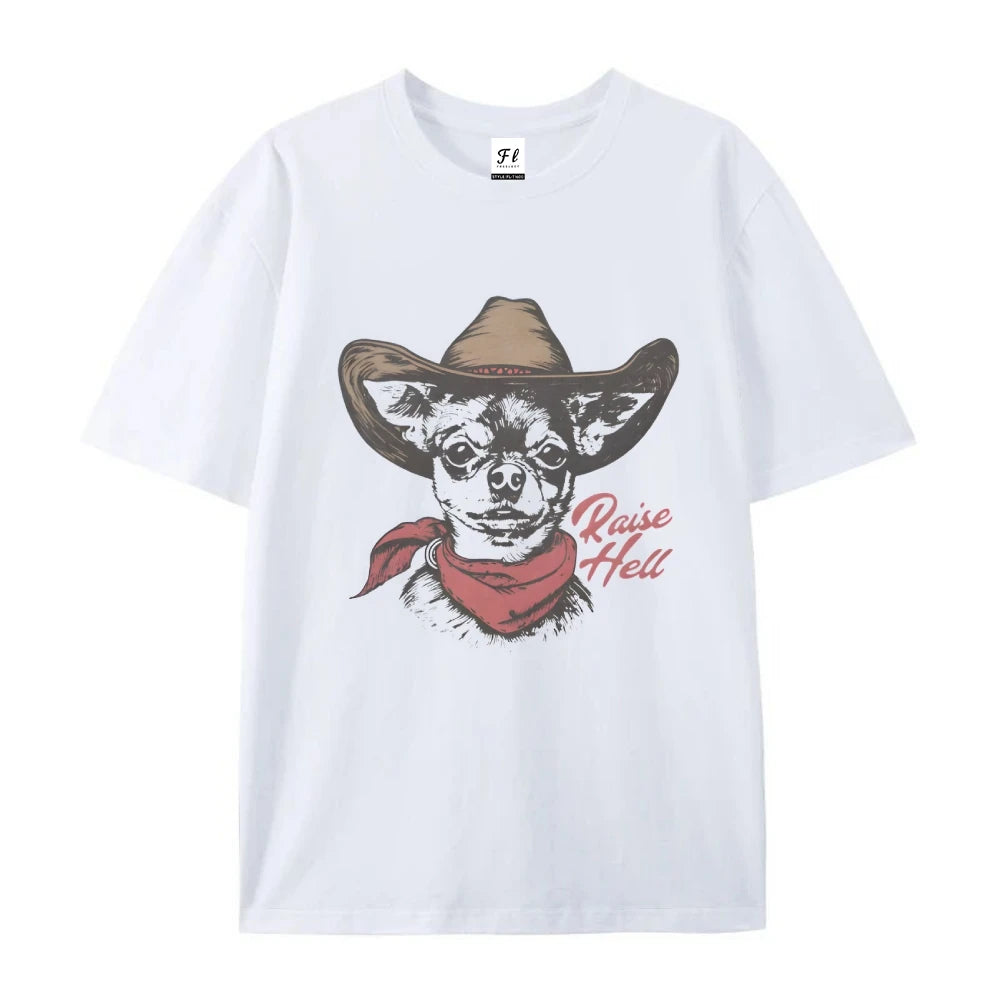 Retro Cowboy Dog T-Shirt Chihuahua Raise Hell Graphic Top Tee Vintage Retro Style Summer Clothes Pure Cotton Breathable Tee