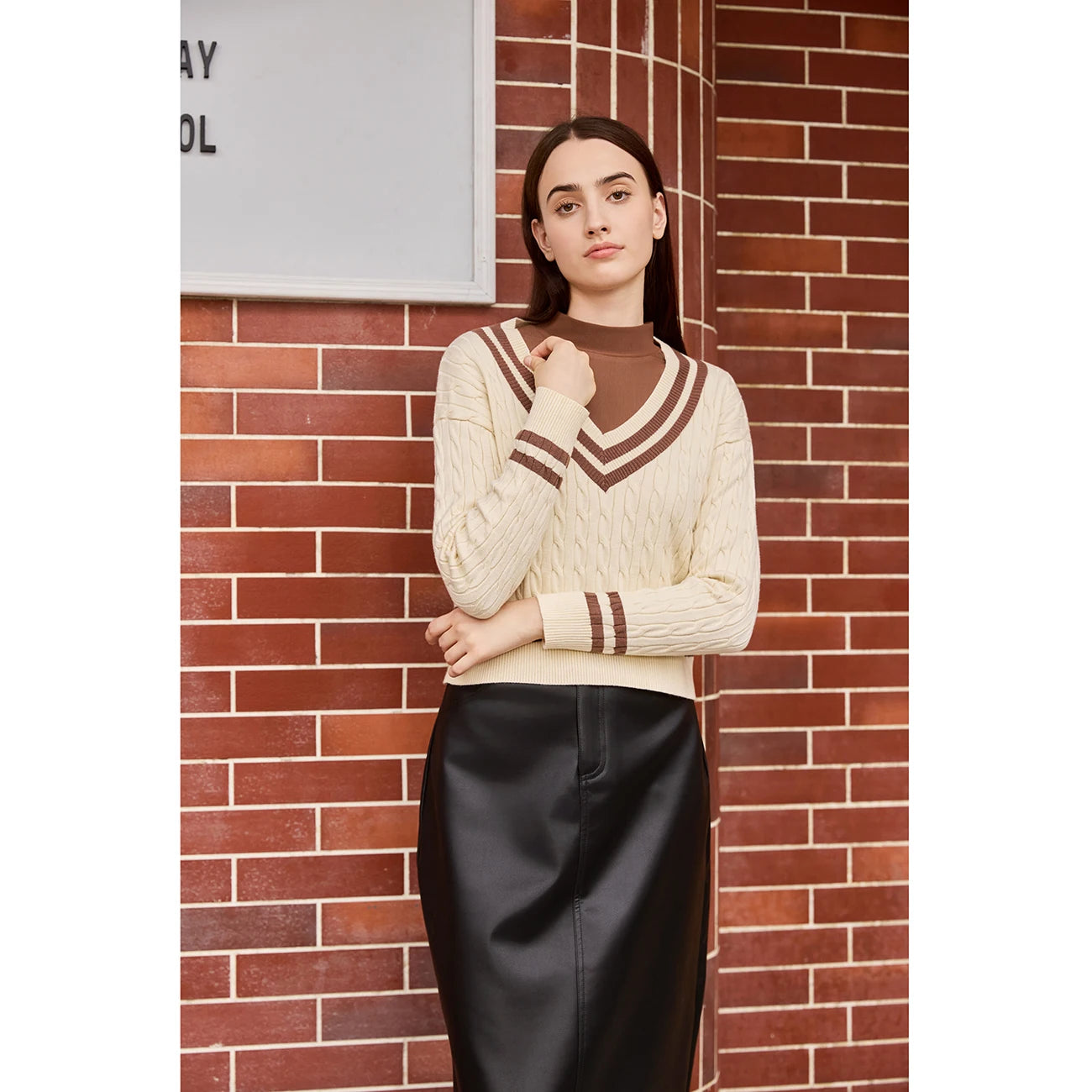 AP Women 2026 Autumn and Winter Knitting Patchwork Sweater Mock Neck Modal Shirt Stretch Skirt Leather Skirt