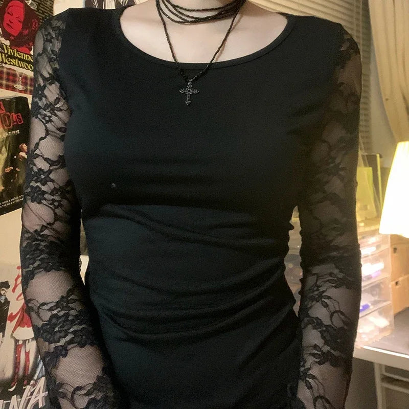 Black Gothic T-shirt For Women Sexy Club Lace Semi-see-through Long Sleeve Crop Tops Y2K Aesthetic 2000s Tee Autumn New