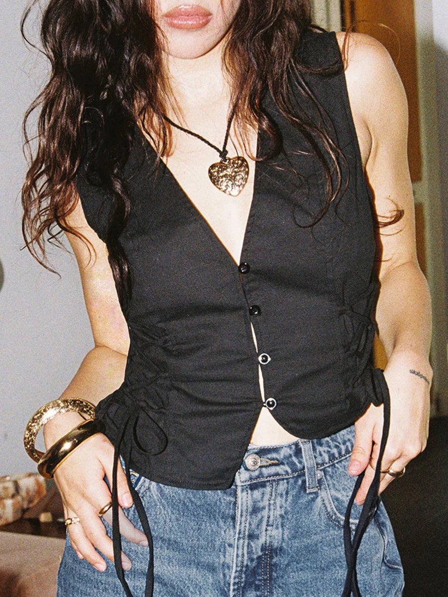 Women s Summer  Tank Tops Solid Color Front Button Vest Side Cross Tie-Up Waistcoat Streetwear