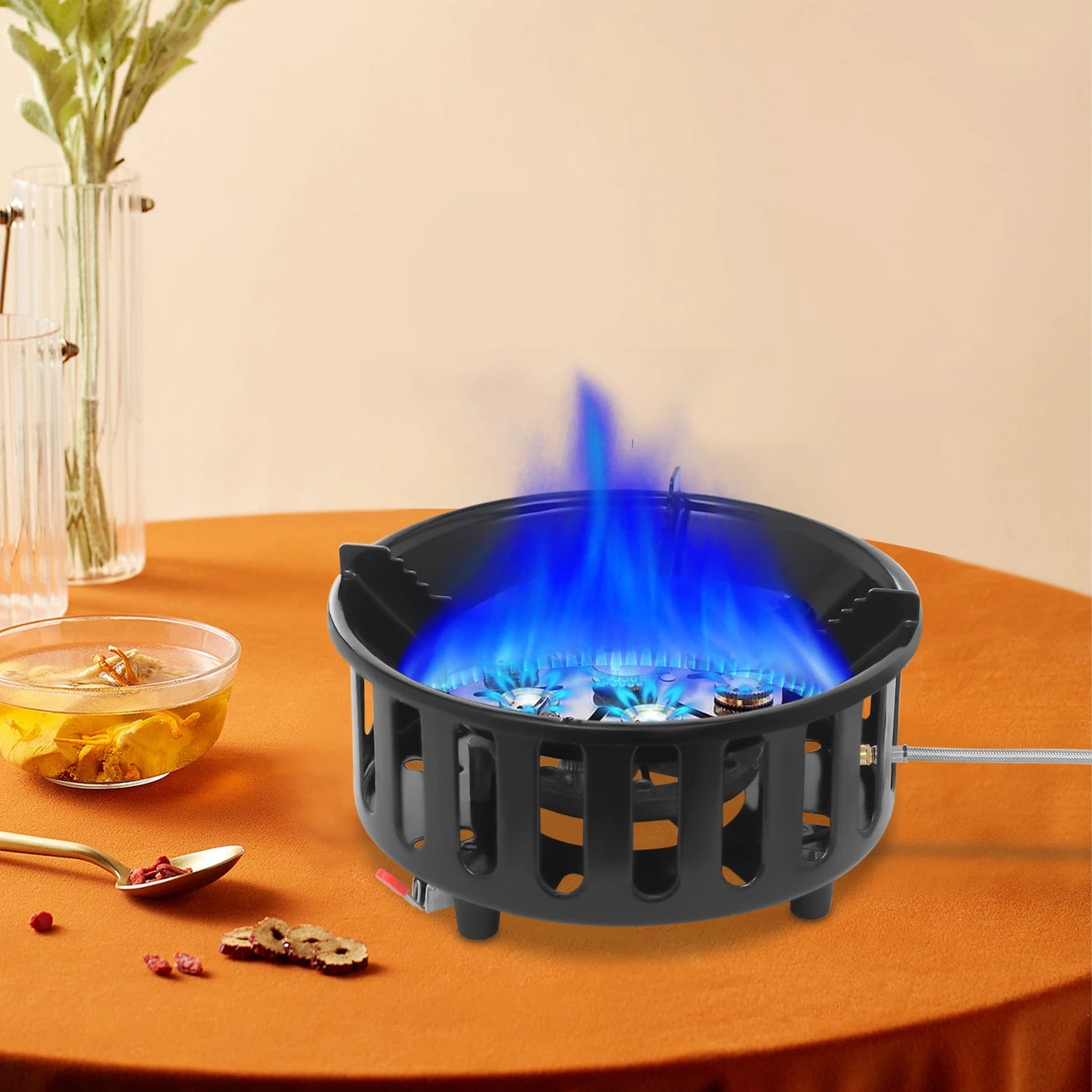 old-Rolled Steel Portable Camping Stove, 72000BTU 3-Adapter Gas Cooker, Windproof Design for Camping Hiking Picnic