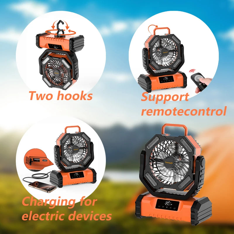 2025 New 20000mAh Portable LED Camping Fan with Touch Control, 5-Speed USB Rechargeable, Long Battery Life, Camping Accessories