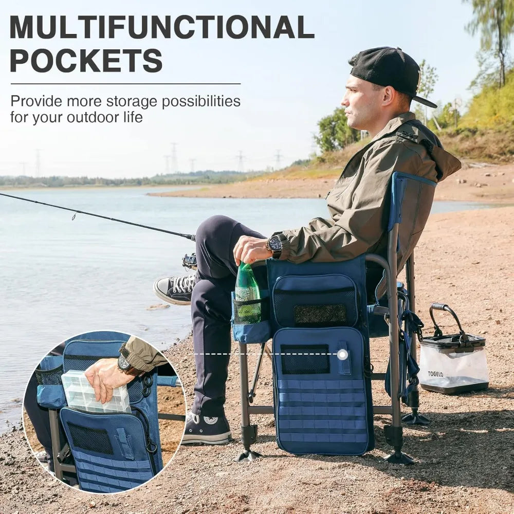 Fishing chair with pole holder and cooler, adjustable feet, net back folding camping chair with shoulder strap, supports 350 LBS