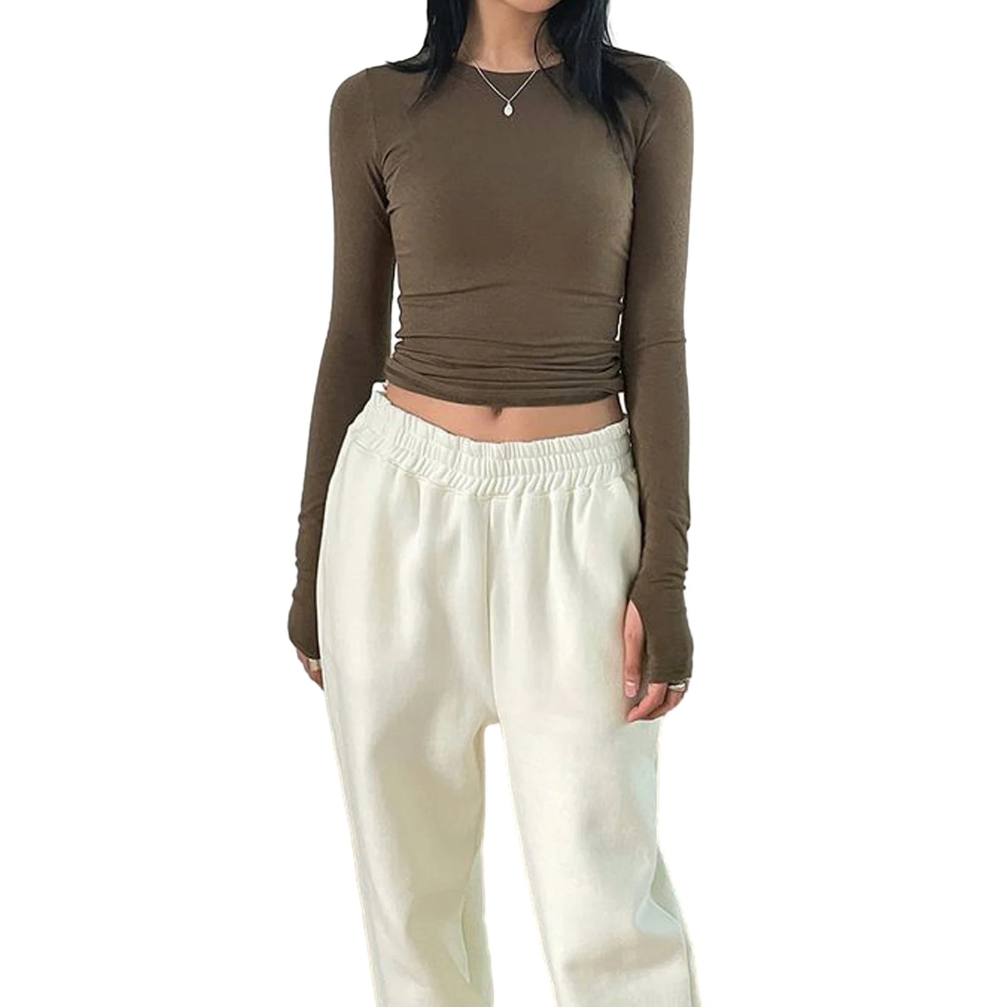 Women Casual Thumb Hole Shirt Trendy  Fit Long Sleeve Round Neck Tops Summer Solid Color Tee