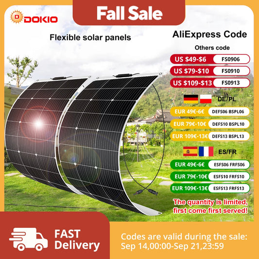 DOKIO 18V 200W/200W set Flexible Solar Panels Waterproof Monocrystalline Solar Panel Camping RV Home Charge 12V
