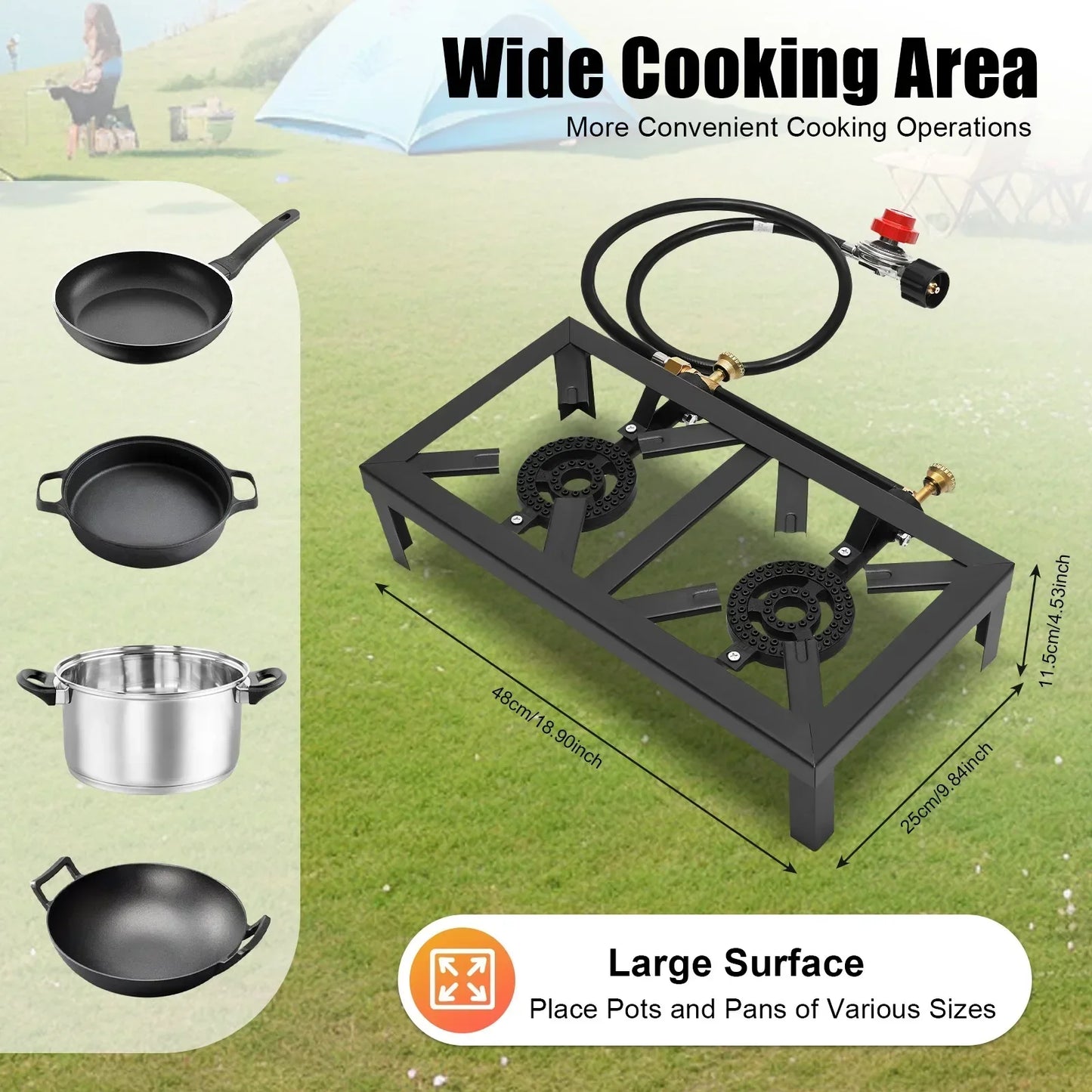 Portable Double Burner Gas Stove, Outdoor Propane Cooktop with 0-10PSI Regulator, Compact Camping Stove for Picnic & Backpacking