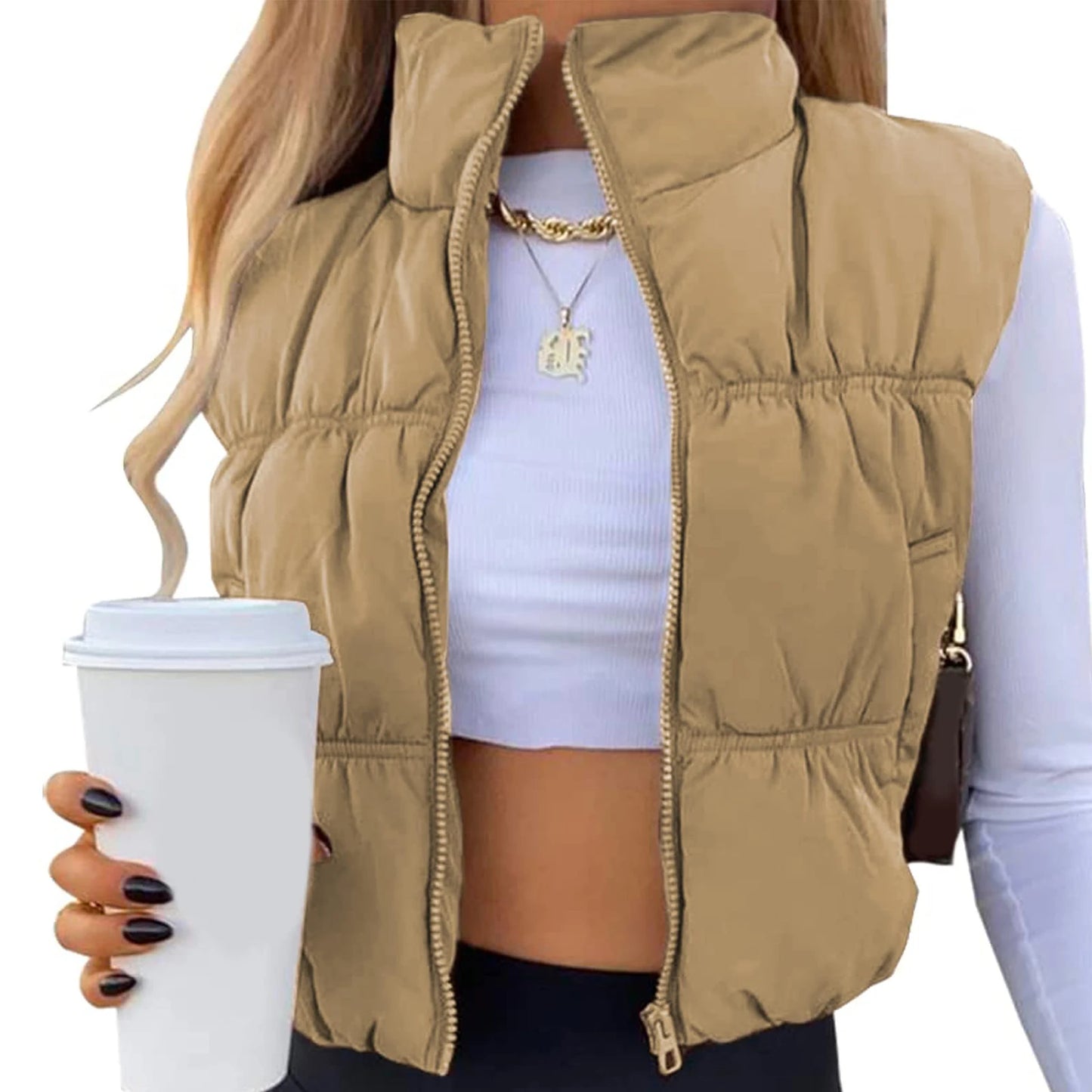 Women s Winter Quilted Waistcoat Solid Color Lightweight Zip Stand Collar Winter Vest Sleeveless Jacket