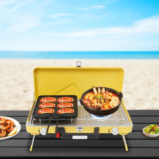 2-Burner Stainless Steel Camping Stove,Yellow/White Rectangular Portable Camping Stove Button+Knob for Outdoor Use