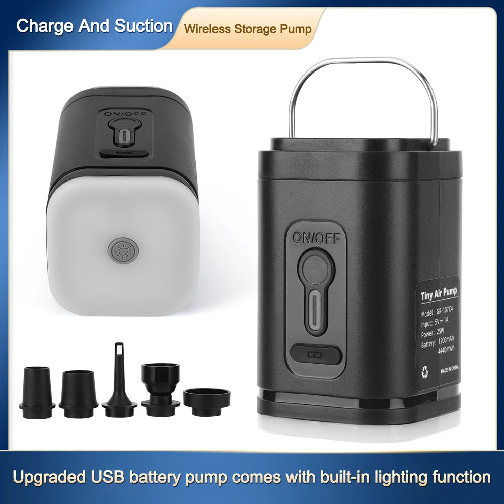 Electric Air Pump Camping Light 3 Lighting Modes Mini Inflate Deflate Pump Rechargeable for Air Beds Boat Swimming Ring