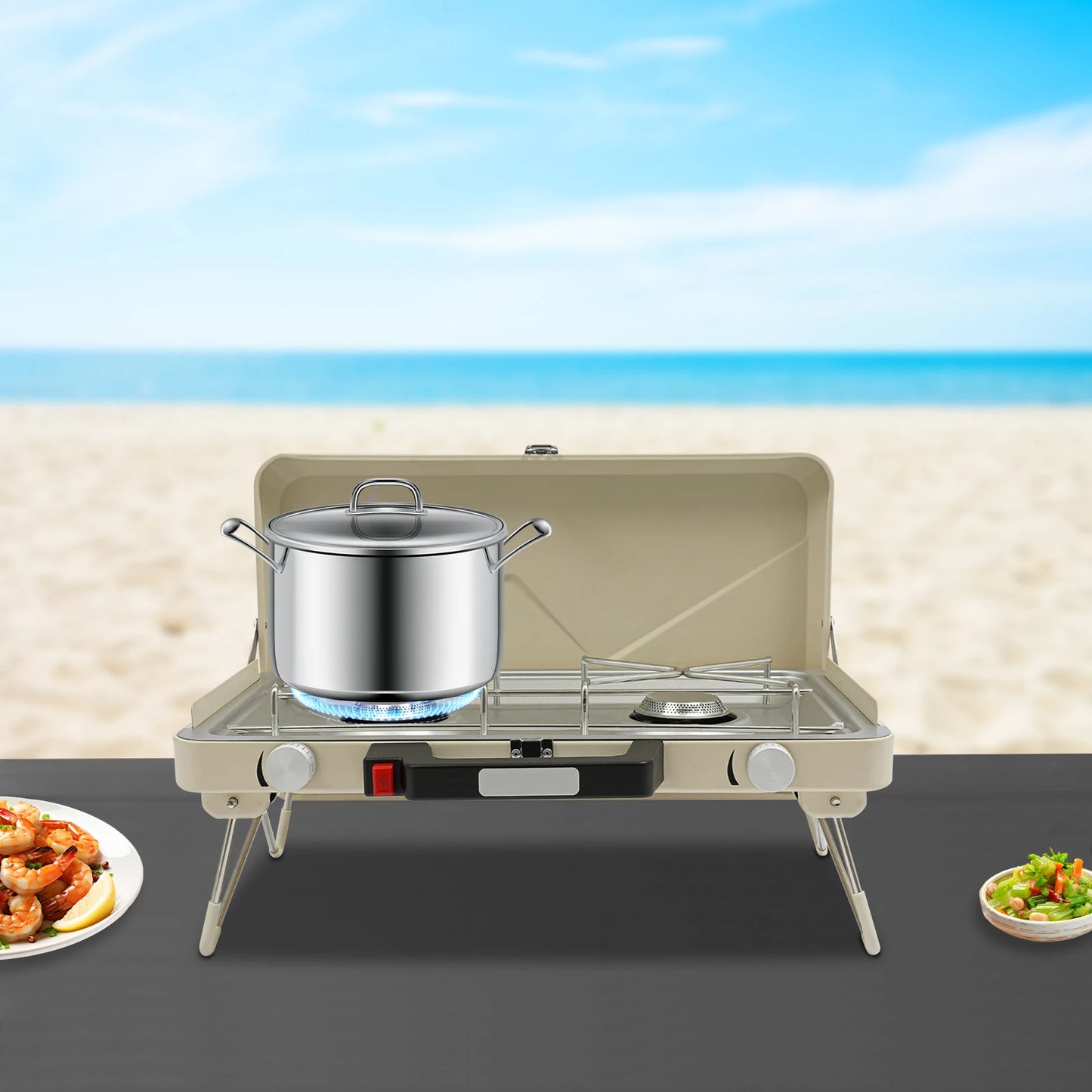 2-Burner Stainless Steel Camping Stove,Yellow/White Rectangular Portable Camping Stove Button+Knob for Outdoor Use