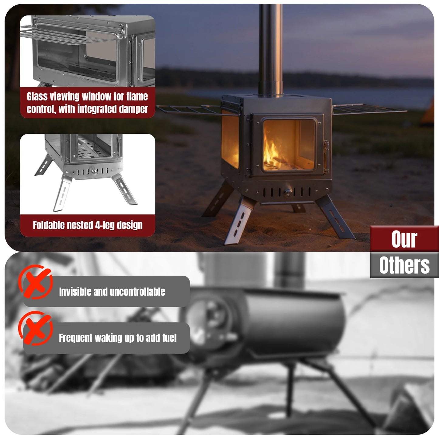Stainless Steel Smokeless Fireplace Secondary Burning Wood Stove Camping Tent Stove with Chimney Pipes & Gloves with 5 Pipes for