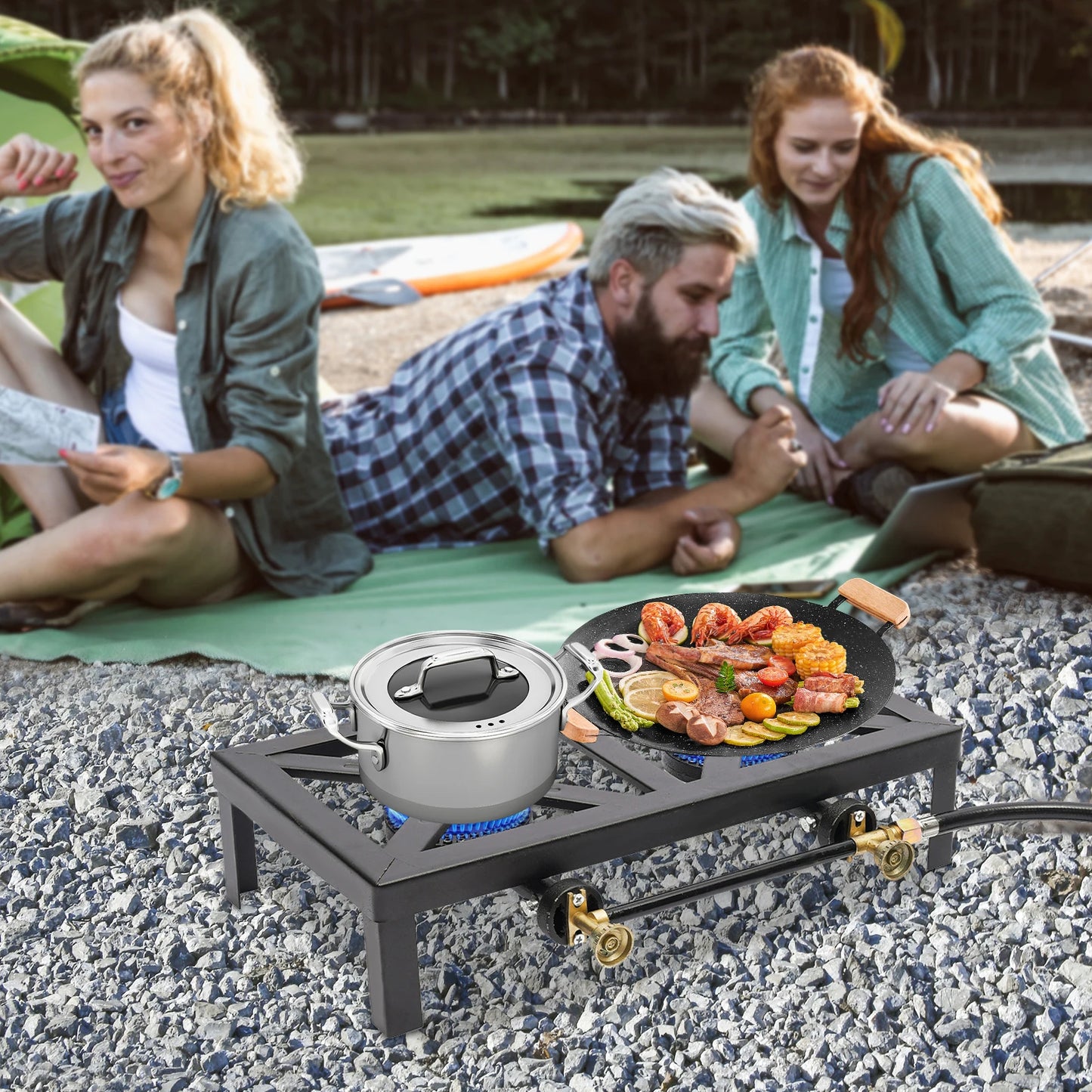 Portable Double Burner Gas Stove, Outdoor Propane Cooktop with 0-10PSI Regulator, Compact Camping Stove for Picnic & Backpacking