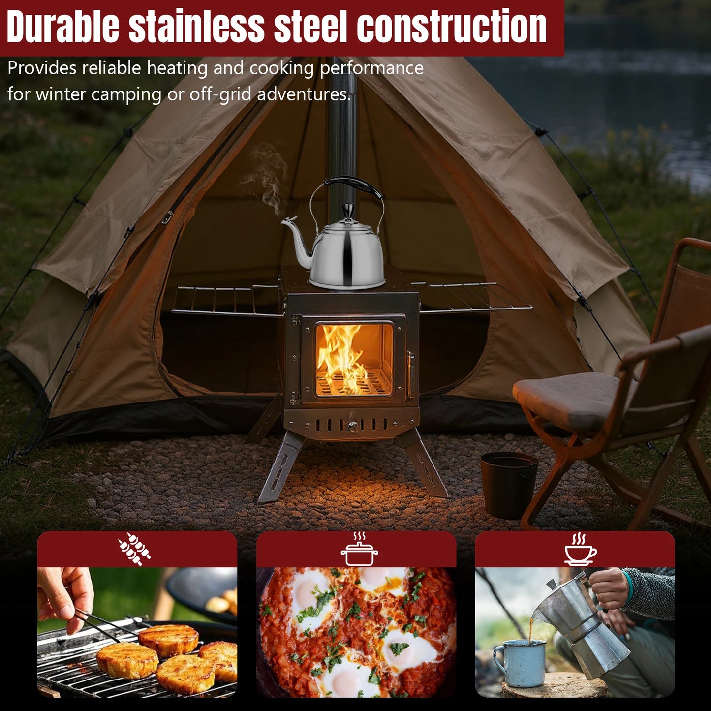 Stainless Steel Smokeless Fireplace Secondary Burning Wood Stove Camping Tent Stove with Chimney Pipes & Gloves with 5 Pipes for