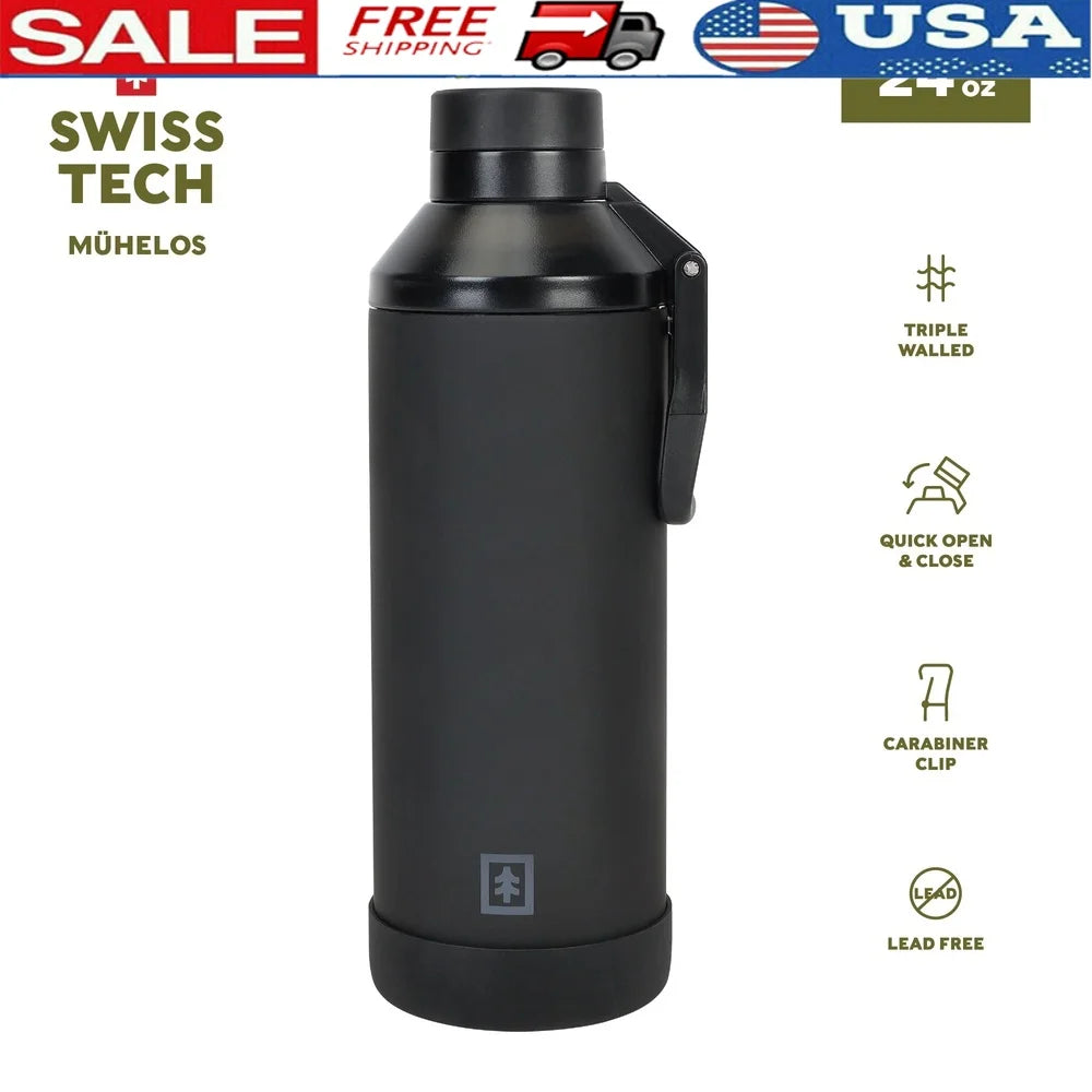 24 oz Triple-Walled Stainless Steel Water Bottle Leakproof Chug Lid Silicone Boot Carabiner Clip Perfect Camping Hiking Sports