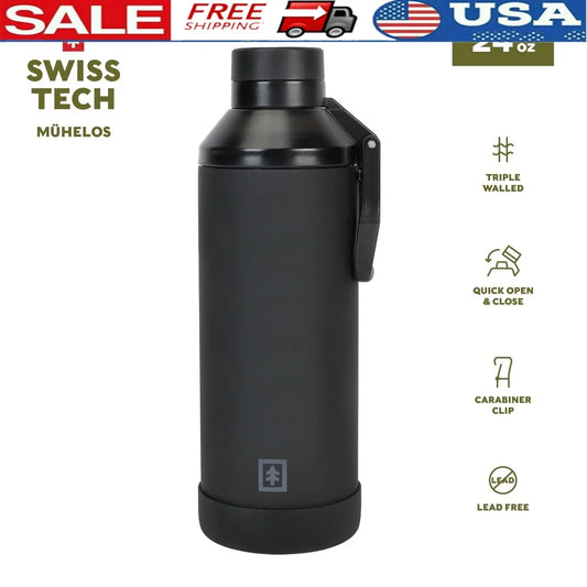 24 oz Triple-Walled Stainless Steel Water Bottle Leakproof Chug Lid Silicone Boot Carabiner Clip Perfect Camping Hiking Sports