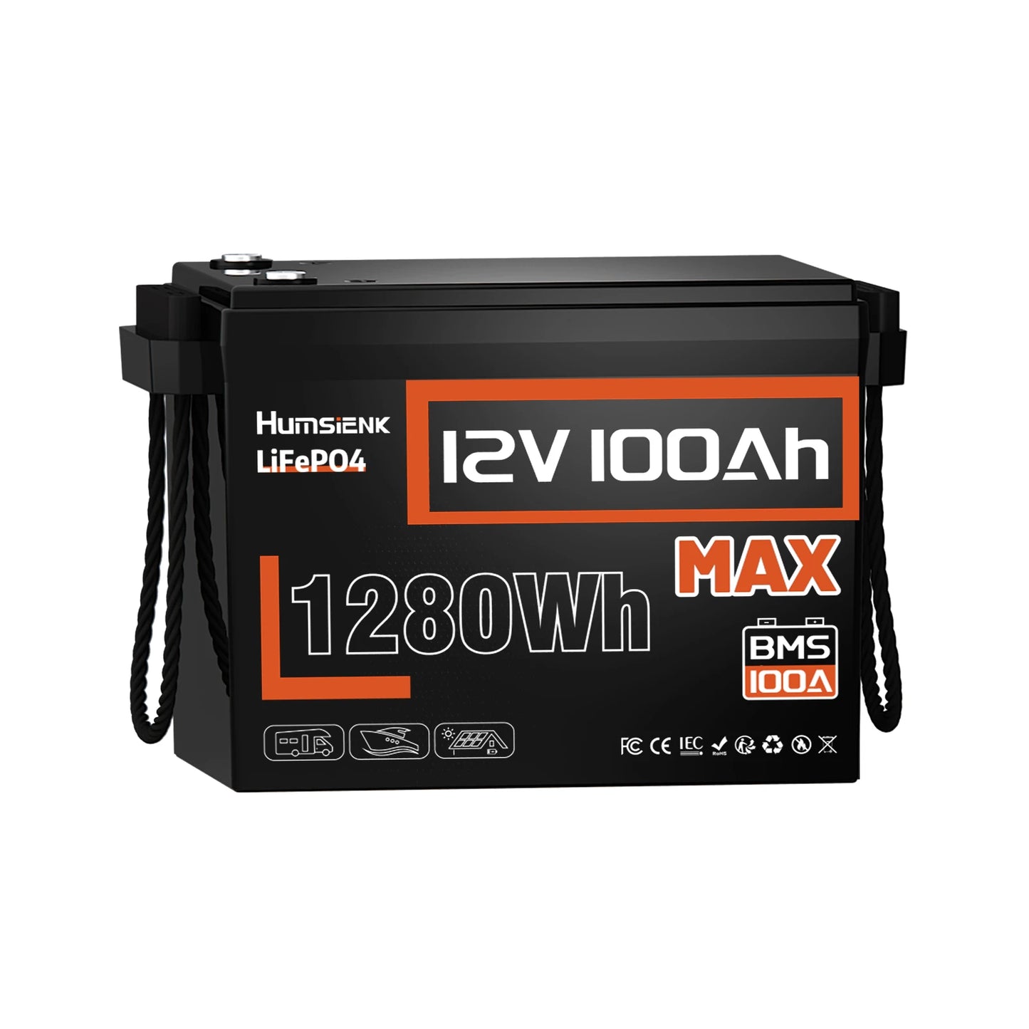 Humsienk LiFePO4 Lithium Battery Packs 12V 100AH MAX 100A BMS 1280Wh For RV/ Vans/ Trolling Motor/ Off-grid/ Home Storage