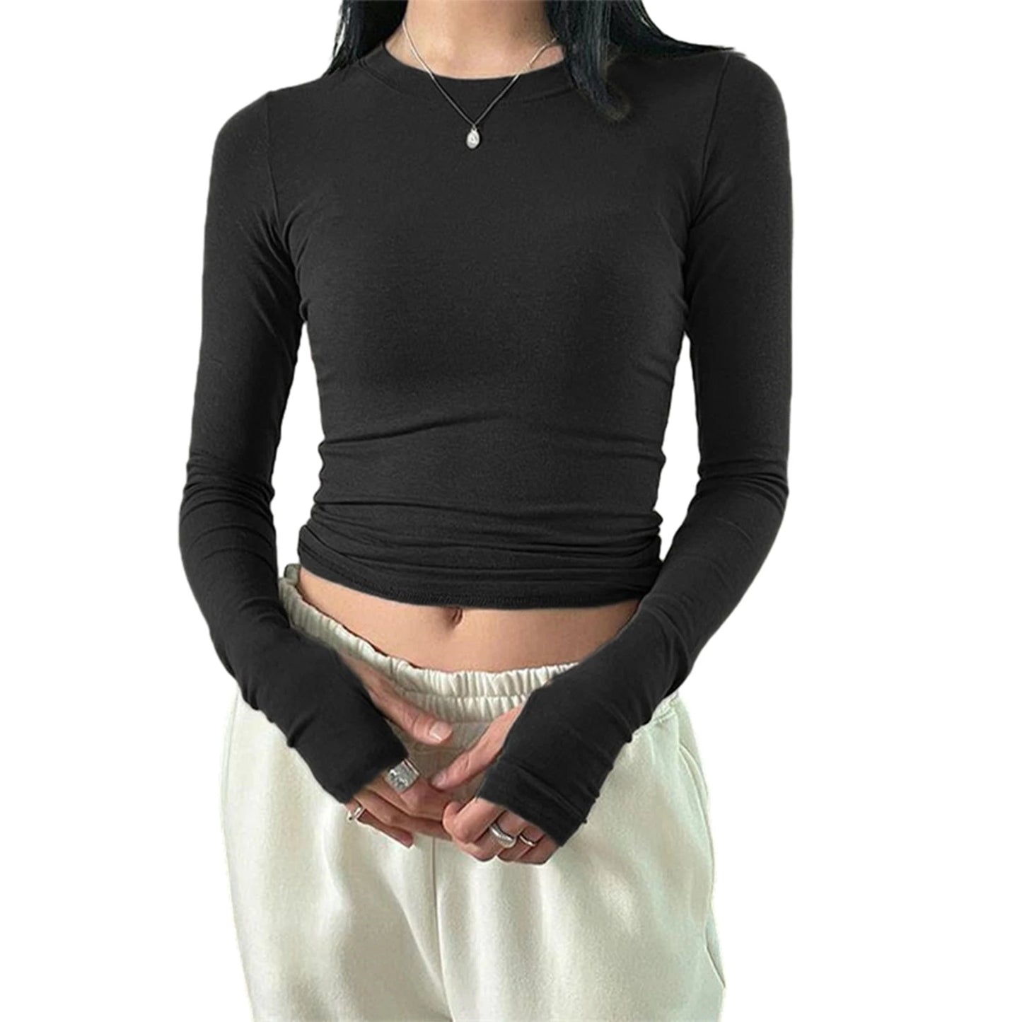 Women Casual Thumb Hole Shirt Trendy  Fit Long Sleeve Round Neck Tops Summer Solid Color Tee