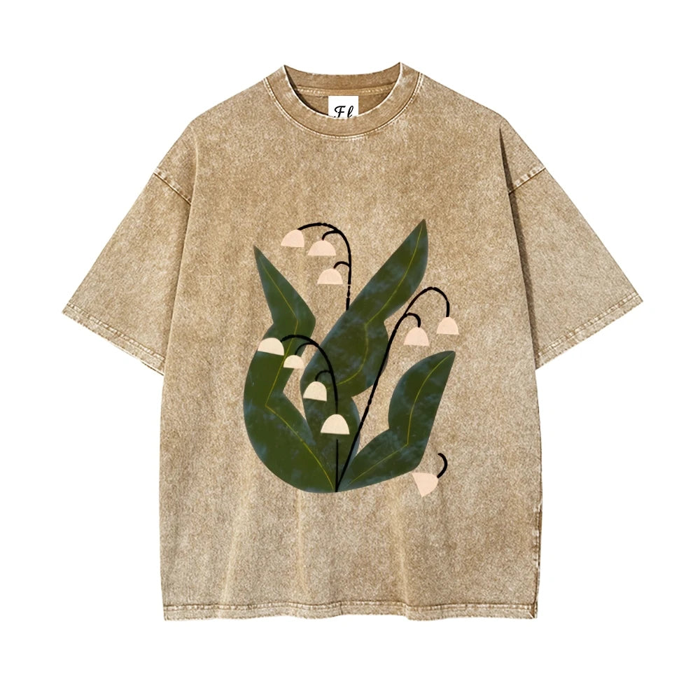 Lily Of Valley Tshirt Distressed Washed Cloth Delicate Floral Print Summer Casual Loose Short Sleeved Unique Comfortable Tops