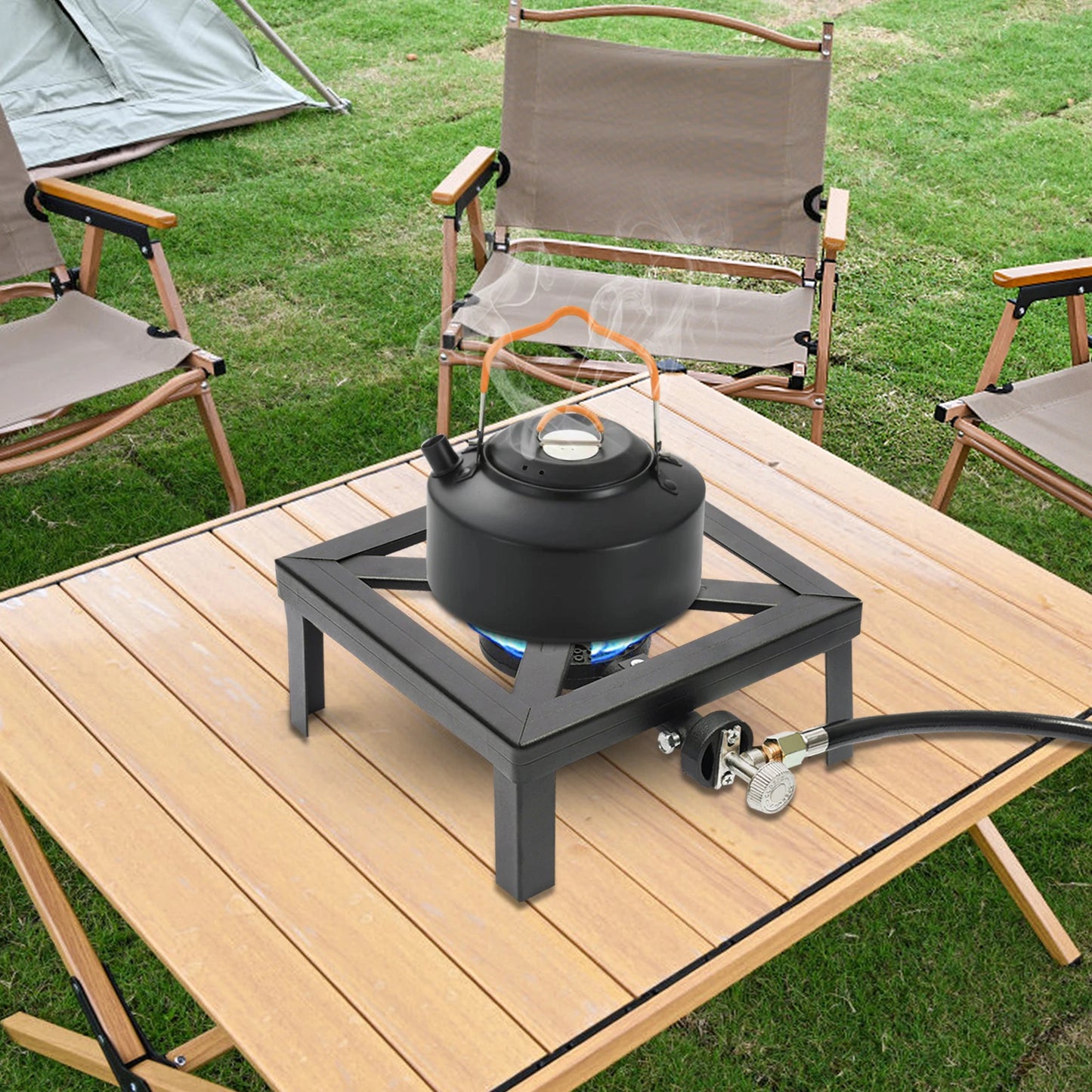 Portable Single Burner Gas Stove Outdoor Propane Cooker with Adjustable 0-20Psi Regulator Hose for Patio Camping, BBQ