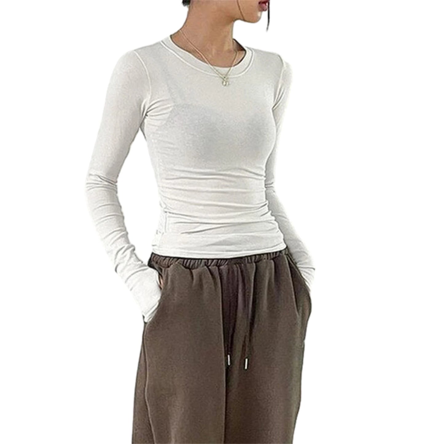 Women Casual Thumb Hole Shirt Trendy  Fit Long Sleeve Round Neck Tops Summer Solid Color Tee