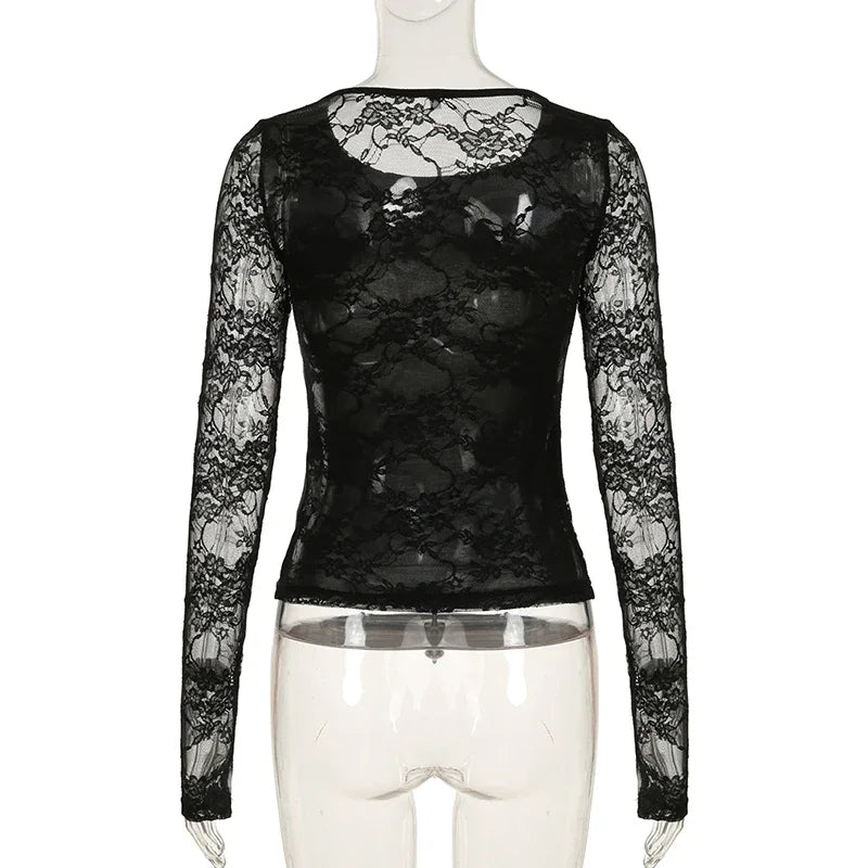 Black Gothic T-shirt For Women Sexy Club Lace Semi-see-through Long Sleeve Crop Tops Y2K Aesthetic 2000s Tee Autumn New