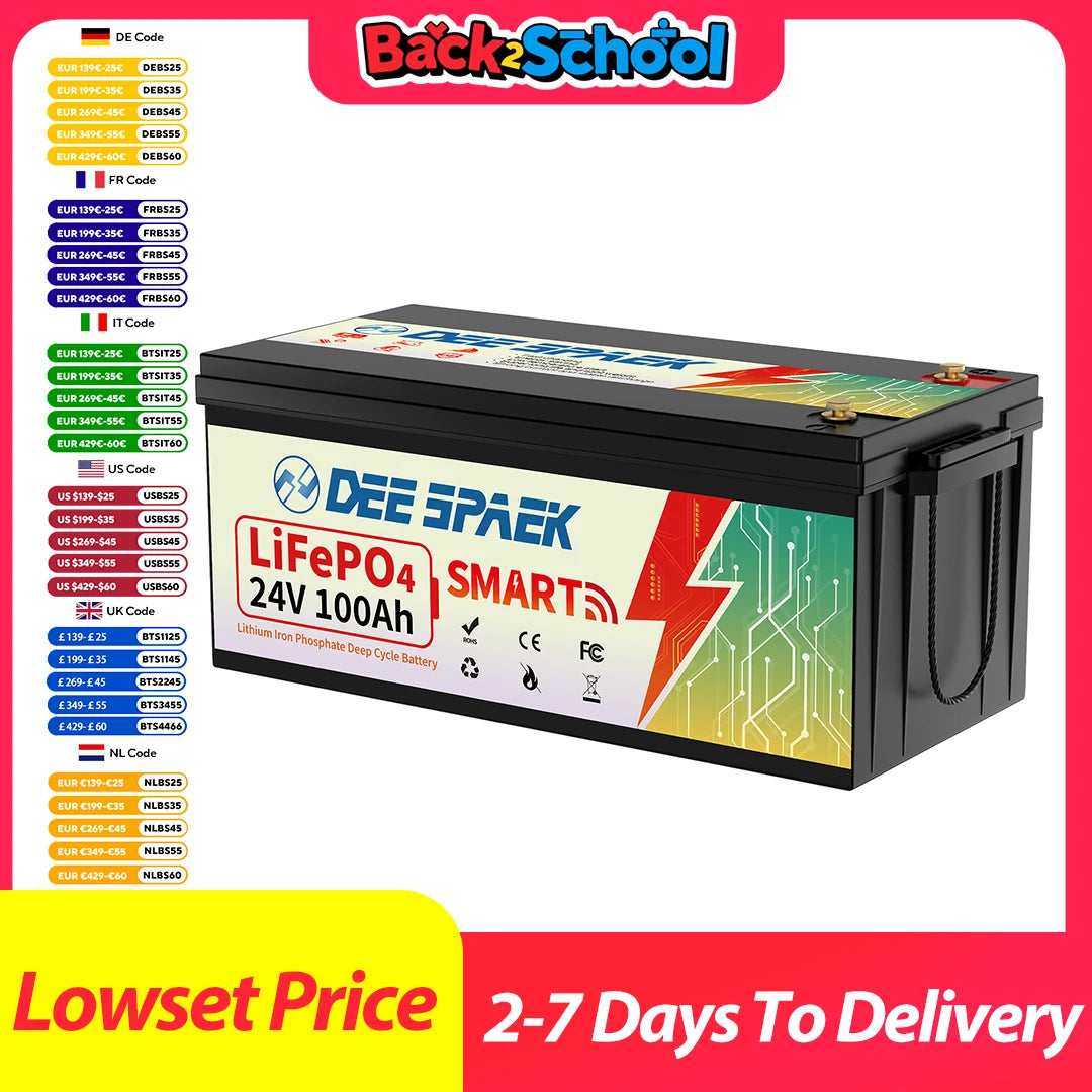 24V 100Ah LiFePO4 Battery Bluetooth With BMS 8000+Deep Cycles For Camper RV Home Energy Solar Trolling Motor 24V Lithium Battery