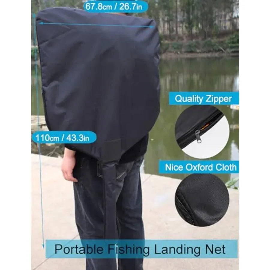 Kayak fishing net, aluminum handle, black, extra-large telescopic design with snag-free rubber mesh for saltwater big game fish