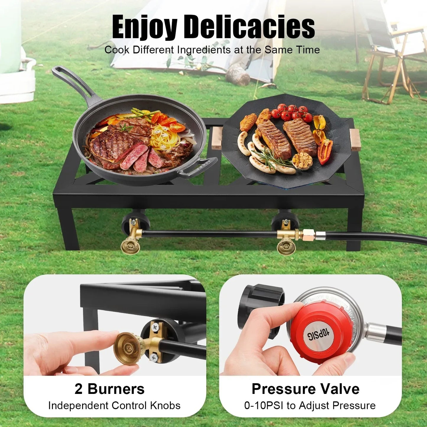 Portable Double Burner Gas Stove, Outdoor Propane Cooktop with 0-10PSI Regulator, Compact Camping Stove for Picnic & Backpacking
