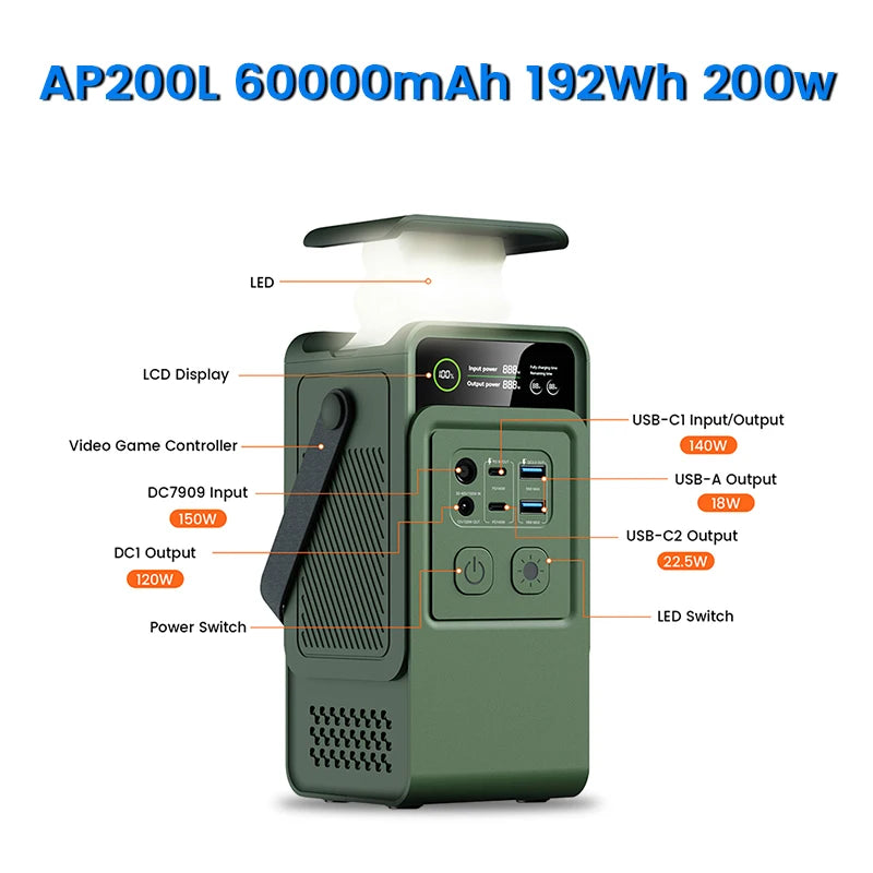 Ctolity AP200L 200W Power Bank 192Wh Lifepo4 Battery 60000mAh Solar Generator for Camping Portable Power Station LED Light