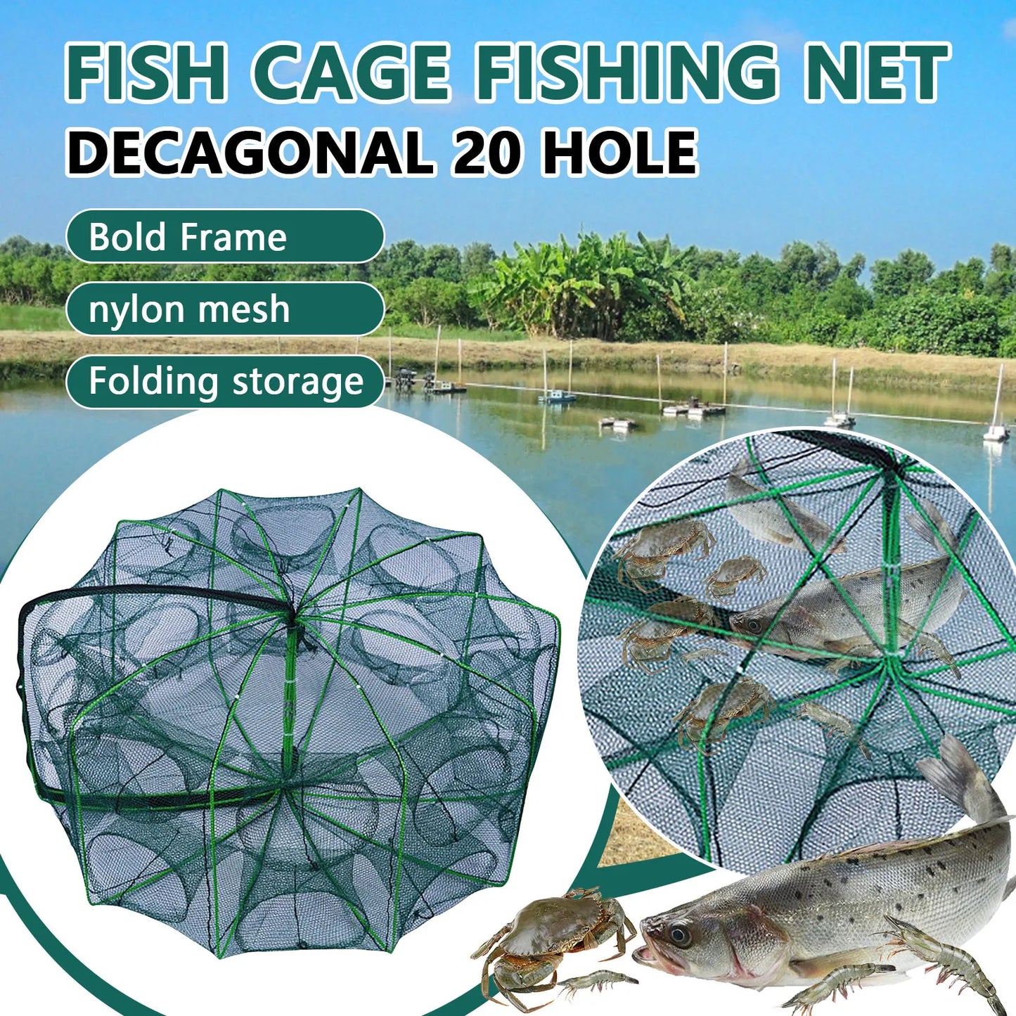 Folding lobster cage 2025 new style fishing trap fishing tool kit fish shrimp crayfish crab fishing net nylon material