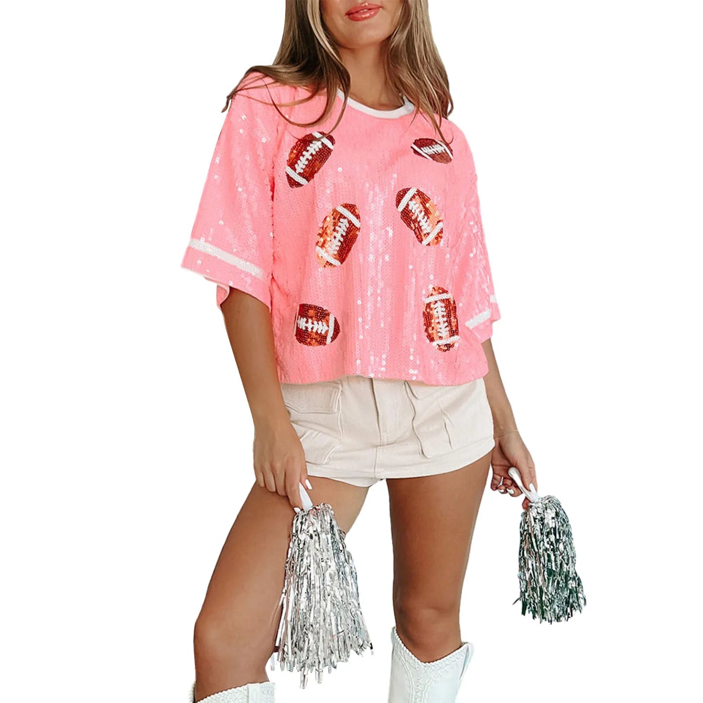 Womens Summer Fashion Sequins T-shirt Short Sleeve Crewneck Rugby Print Tops for Party