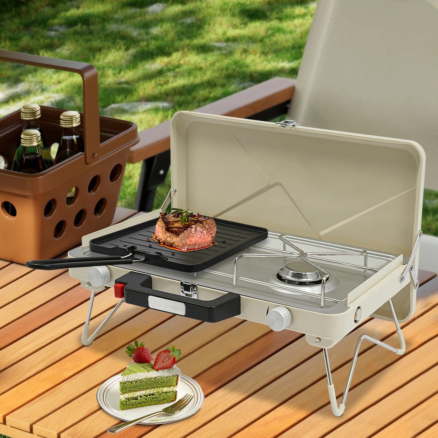 2-Burner Stainless Steel Camping Stove,Yellow/White Rectangular Portable Camping Stove Button+Knob for Outdoor Use