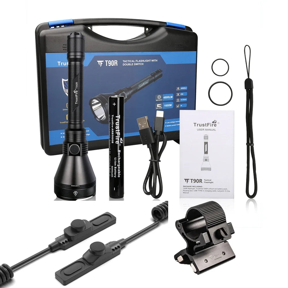 TrustFire T90R Kit High Power 4800 Lumens LED Hunting Flashlight, 1600 Meters Long Range Rechargeable Tactical Flashlight