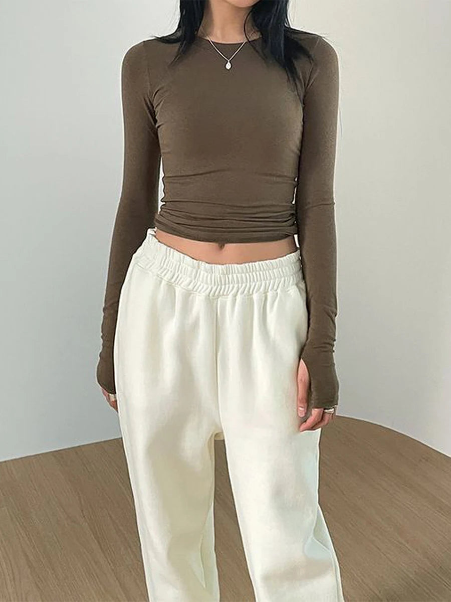 Women Casual Thumb Hole Shirt Trendy  Fit Long Sleeve Round Neck Tops Summer Solid Color Tee