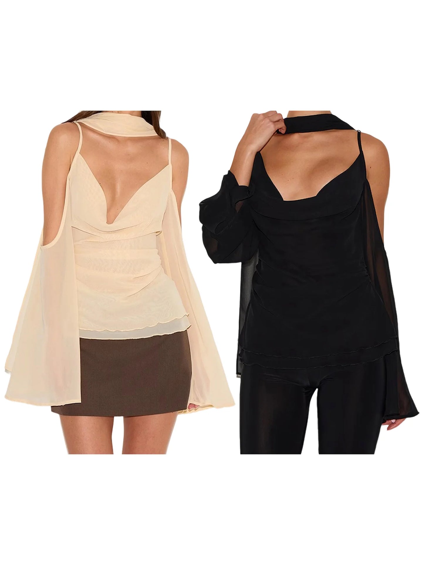 Elegant Off Shoulder Blouse with Scarf and Zipper Detailing Stylish Cowl Neck Long Sleeve Shirt for Chic Night Outfits