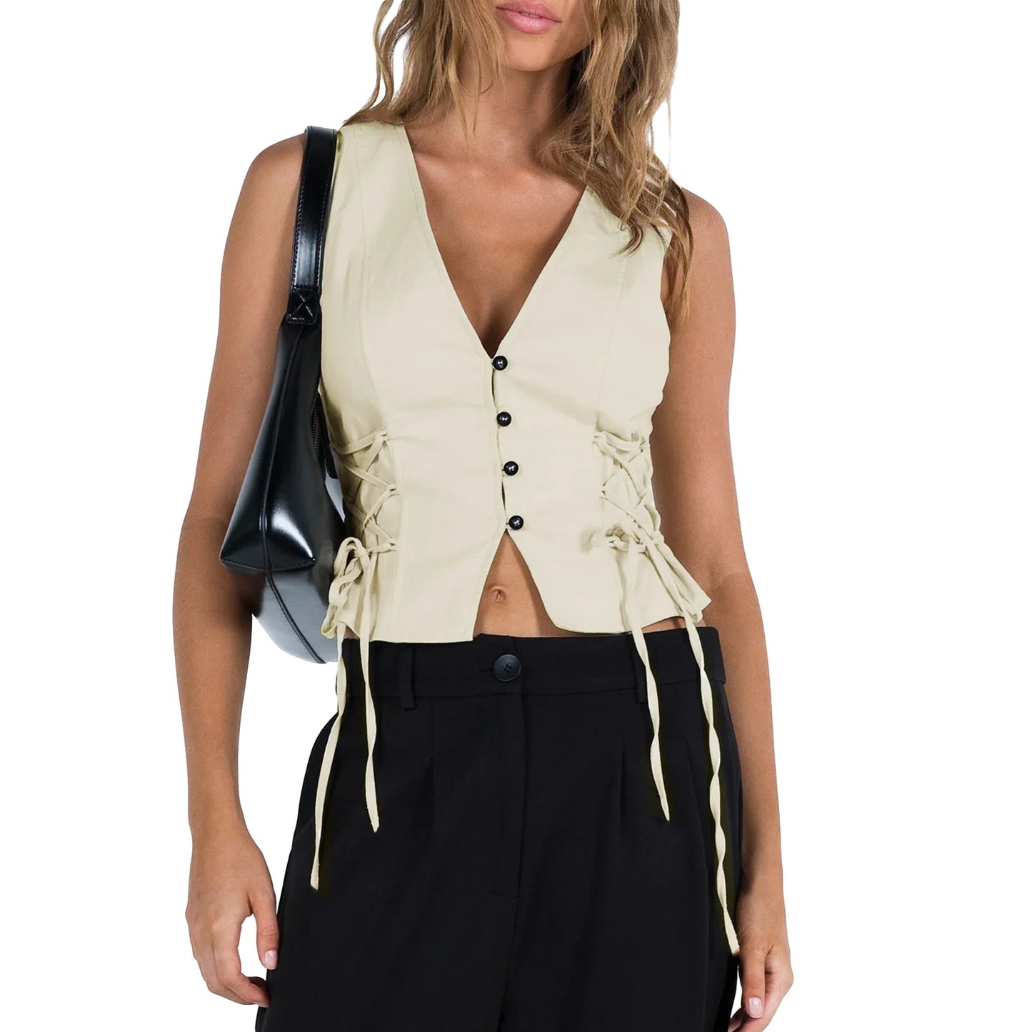 Women s Summer  Tank Tops Solid Color Front Button Vest Side Cross Tie-Up Waistcoat Streetwear