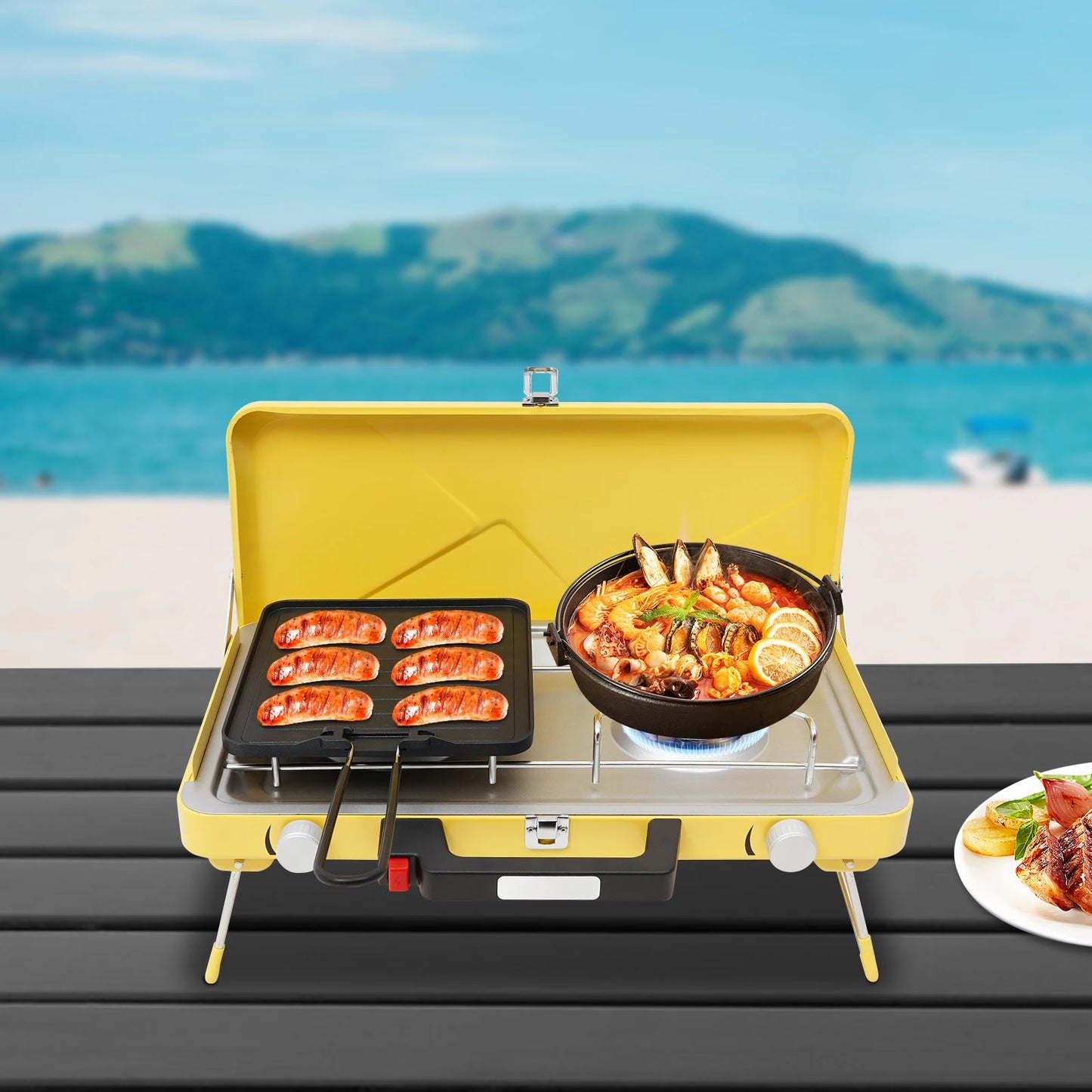 2-Burner Stainless Steel Camping Stove,Yellow/White Rectangular Portable Camping Stove Button+Knob for Outdoor Use