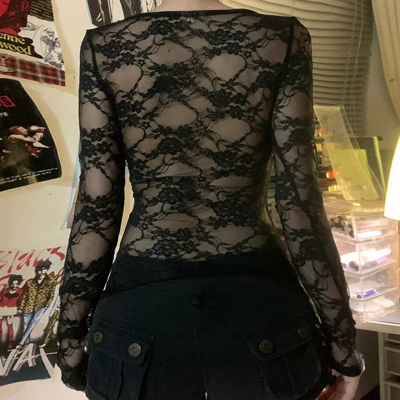 Black Gothic T-shirt For Women Sexy Club Lace Semi-see-through Long Sleeve Crop Tops Y2K Aesthetic 2000s Tee Autumn New