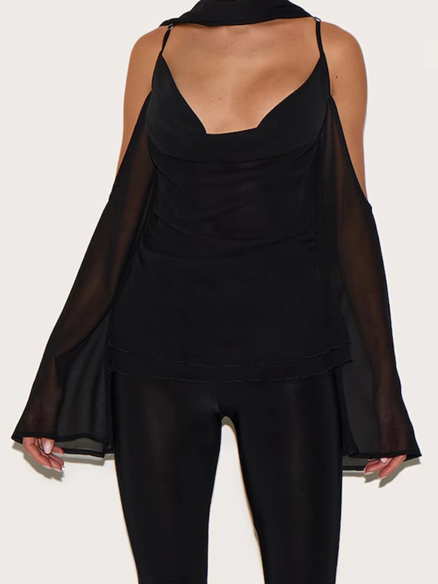 Elegant Off Shoulder Blouse with Scarf and Zipper Detailing Stylish Cowl Neck Long Sleeve Shirt for Chic Night Outfits