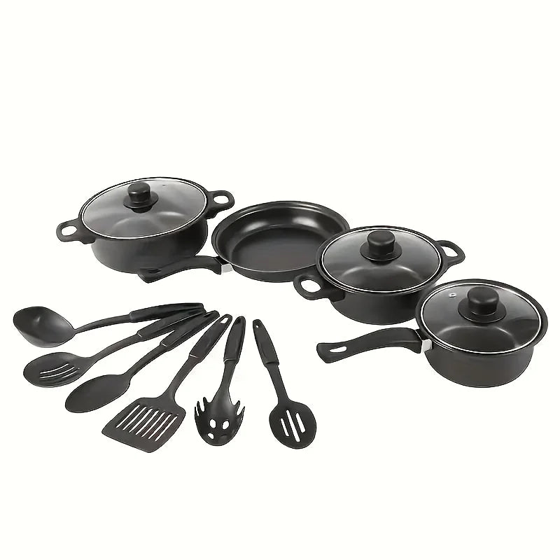 13-Piece Nonstick Cookware Set Black - Induction Compatible Pot Pan Set with Frying Pan & Utensils for Kitchen & Camping