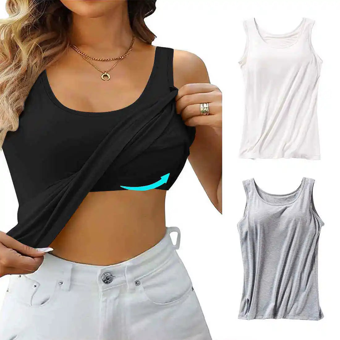 3pcs Solid Color Stretch KnitTank Top, Bottoming Vest T-shirt, Built-in Padded Cups- Regular Length, Round Neck, Casual Sportswe