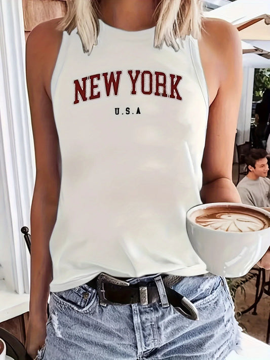 Chic Letter Print Casual Tank Top for Women - Crew Neck, Stretchy Polyester Blend, Machine Washable - Perfect for Summer