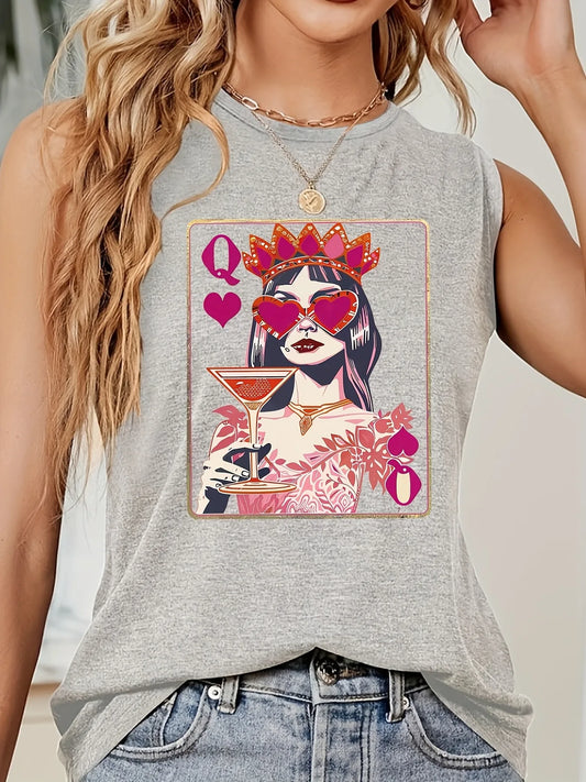 Stylish Queen of Hearts Playing Card Graphic Tank Top - Sleeveless Crew Neck, Stretchy & Breathable Polyester Blend